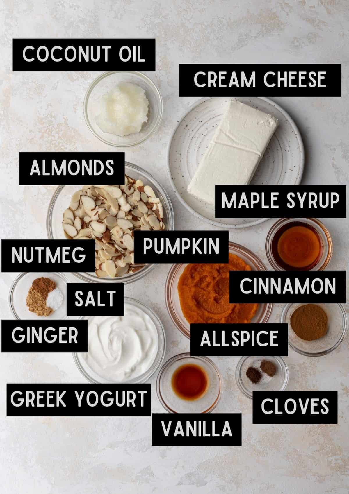 Labelled ingredients for no bake pumpkin swirl cheesecake bars (see recipe for details).