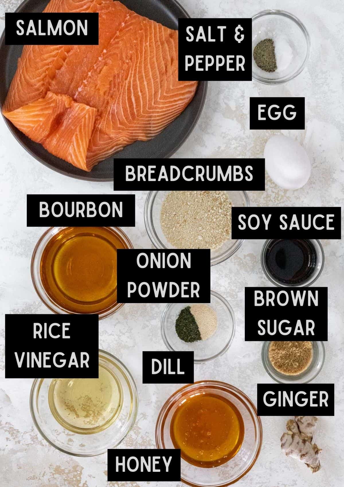 Labelled ingredients for honey bourbon glazed salmon meatballs (see recipe for details).