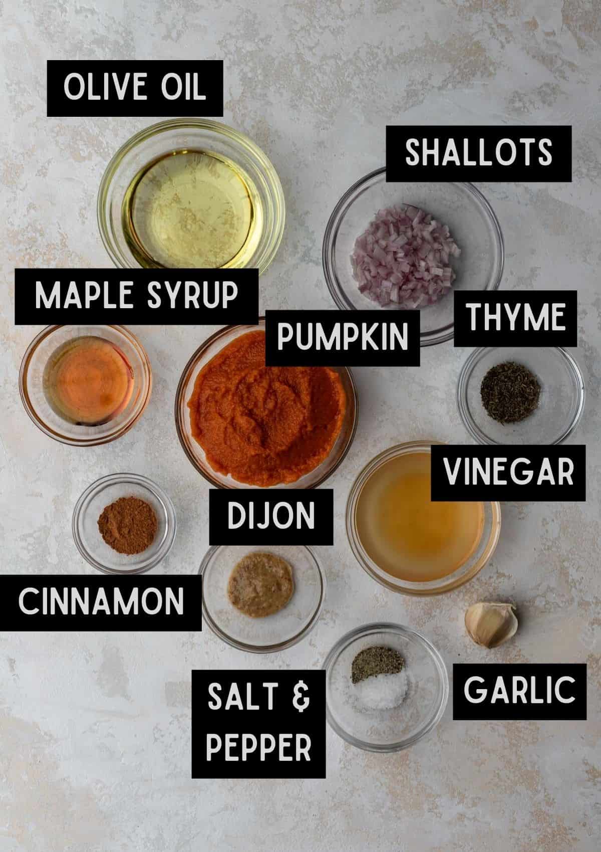 Labelled ingredients for pumpkin salad dressing (see recipe for details).