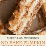 Pin graphic for healthy no bake pumpkin swirl cheesecake bars.