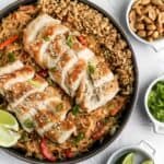 Thai peanut spaghetti squash topped with chicken and peanuts.