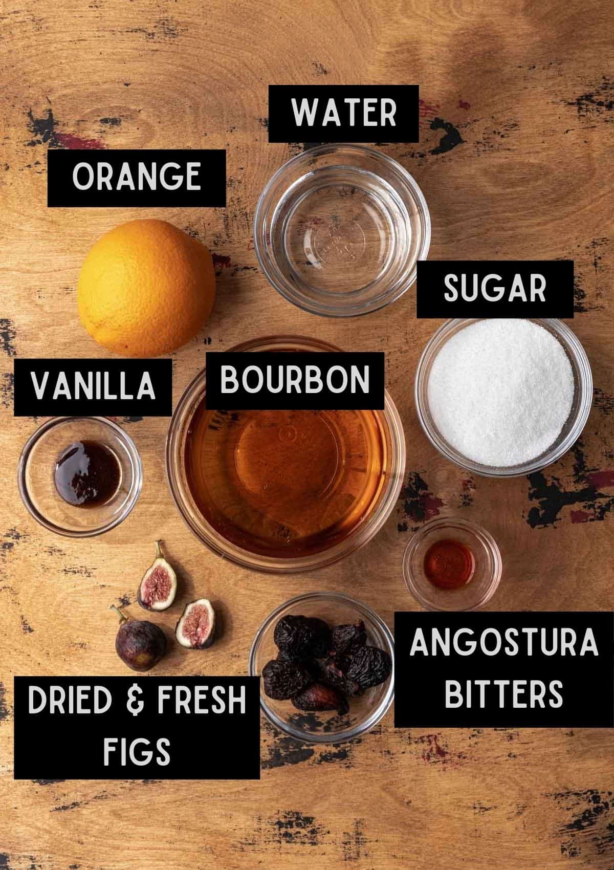 Labelled ingredients for vanilla fig old fashioned (see recipe for details).