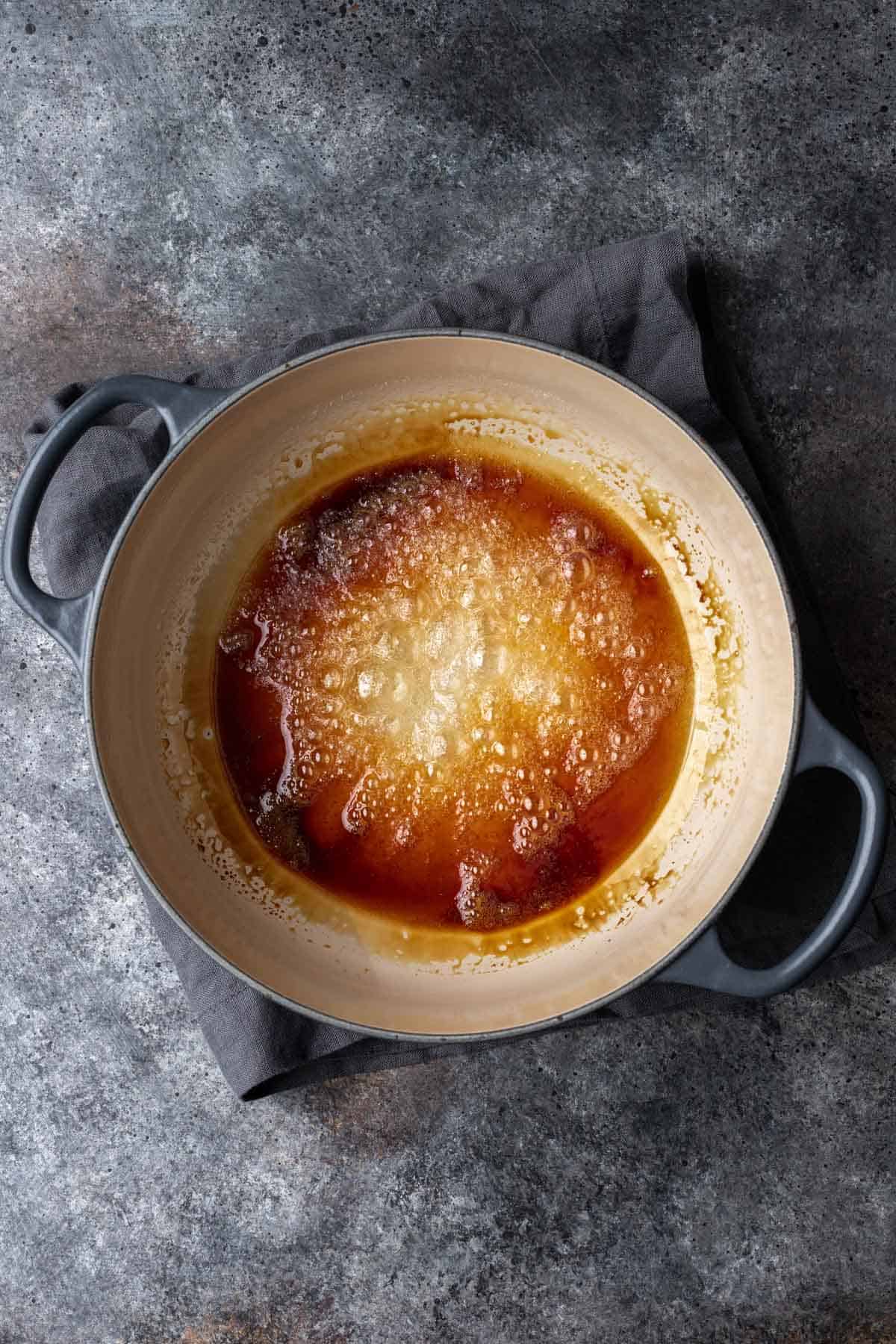 Caramelized sugar in a large pot.