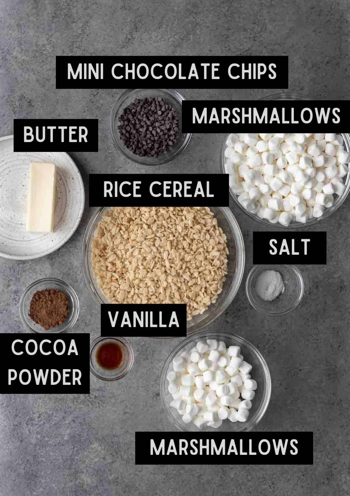 Labelled ingredients for hot chocolate rice krispie treats (see recipe for details).