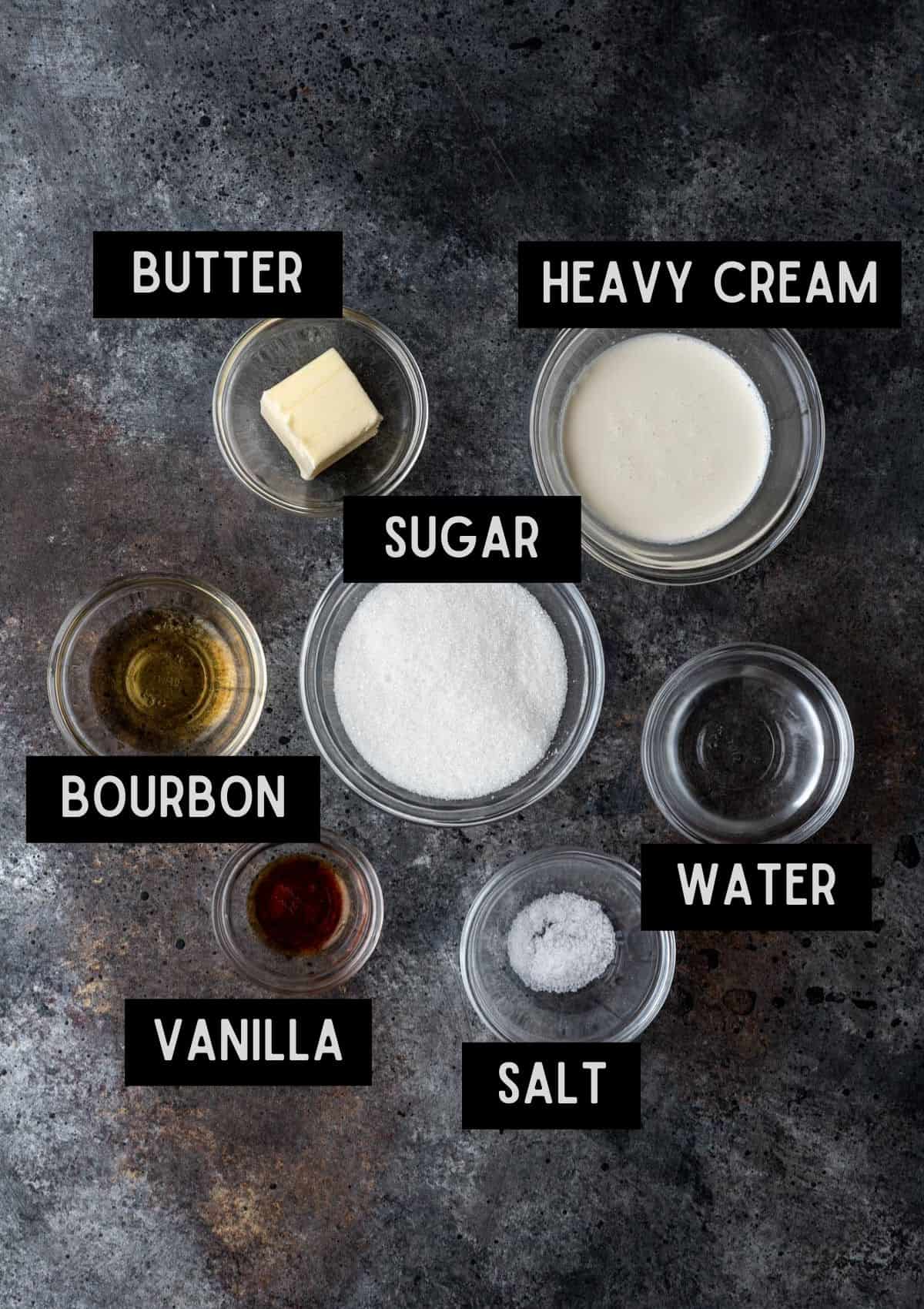 Labelled ingredients for bourbon caramel sauce (see recipe for details).