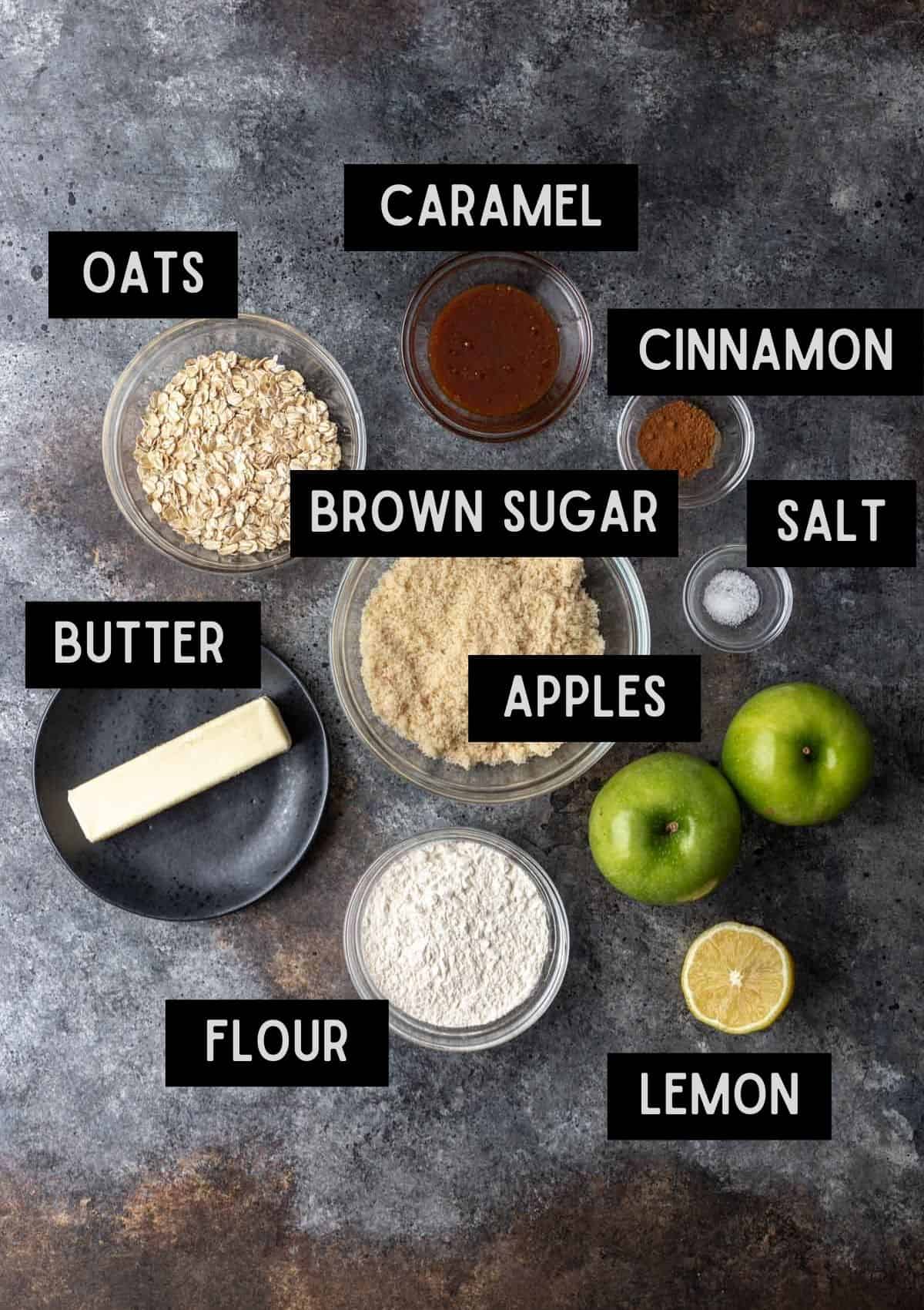 Labelled ingredients for cast iron skillet apple crisp (see recipe for details).