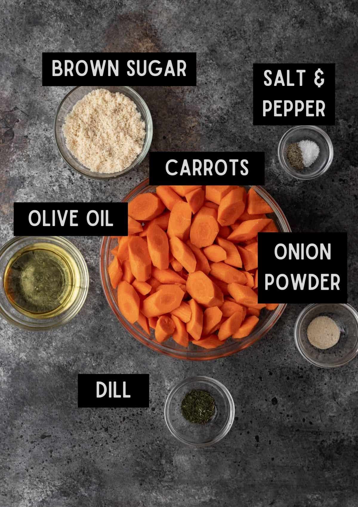Labelled ingredients for brown sugar and dill roasted carrots (see recipe for details).