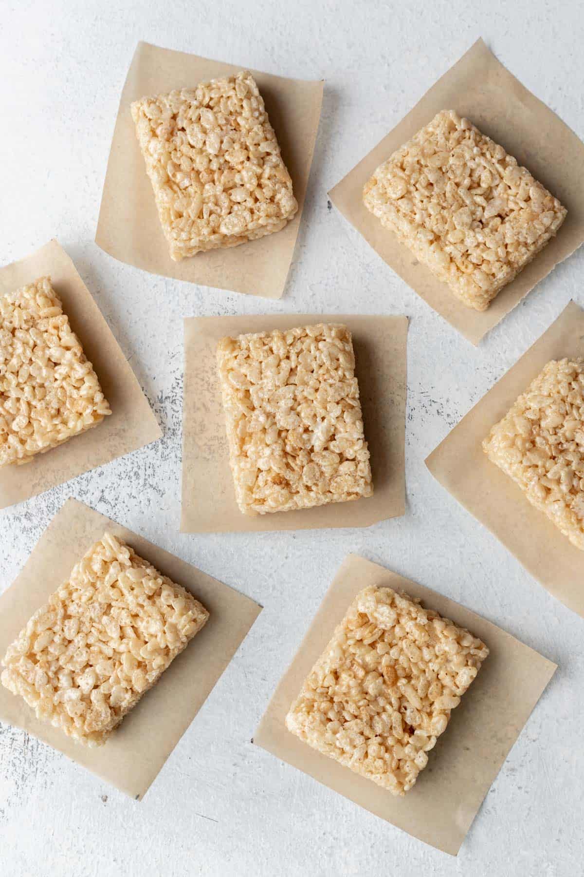 Rice krispie treats separated into rectangles before decorating.