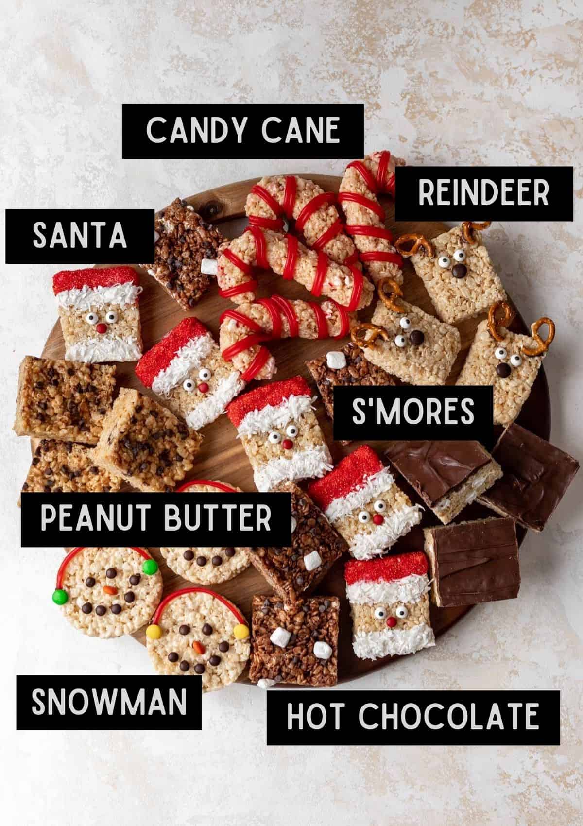 Labelled holiday dessert board with all different types of rice krispie treats.