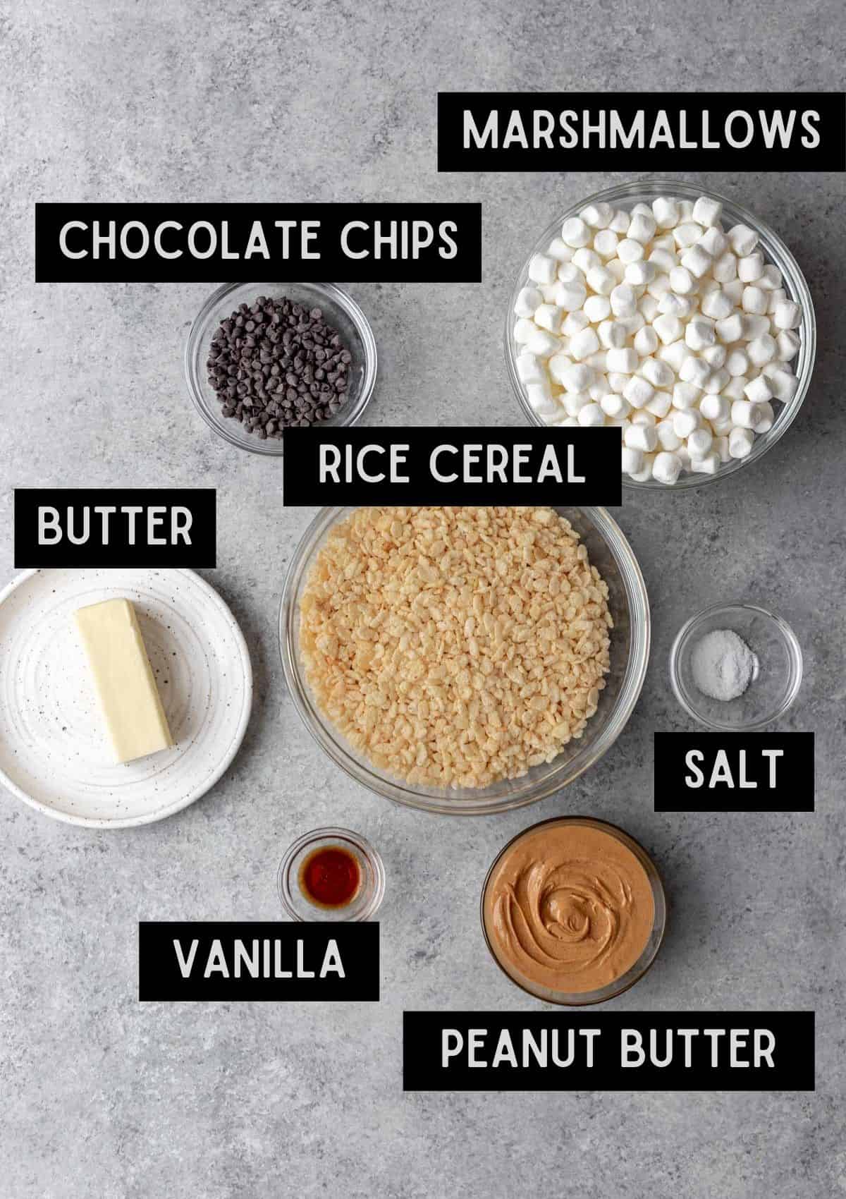 Labelled ingredients for peanut butter chocolate chip rice krispie treats (see recipe for details).