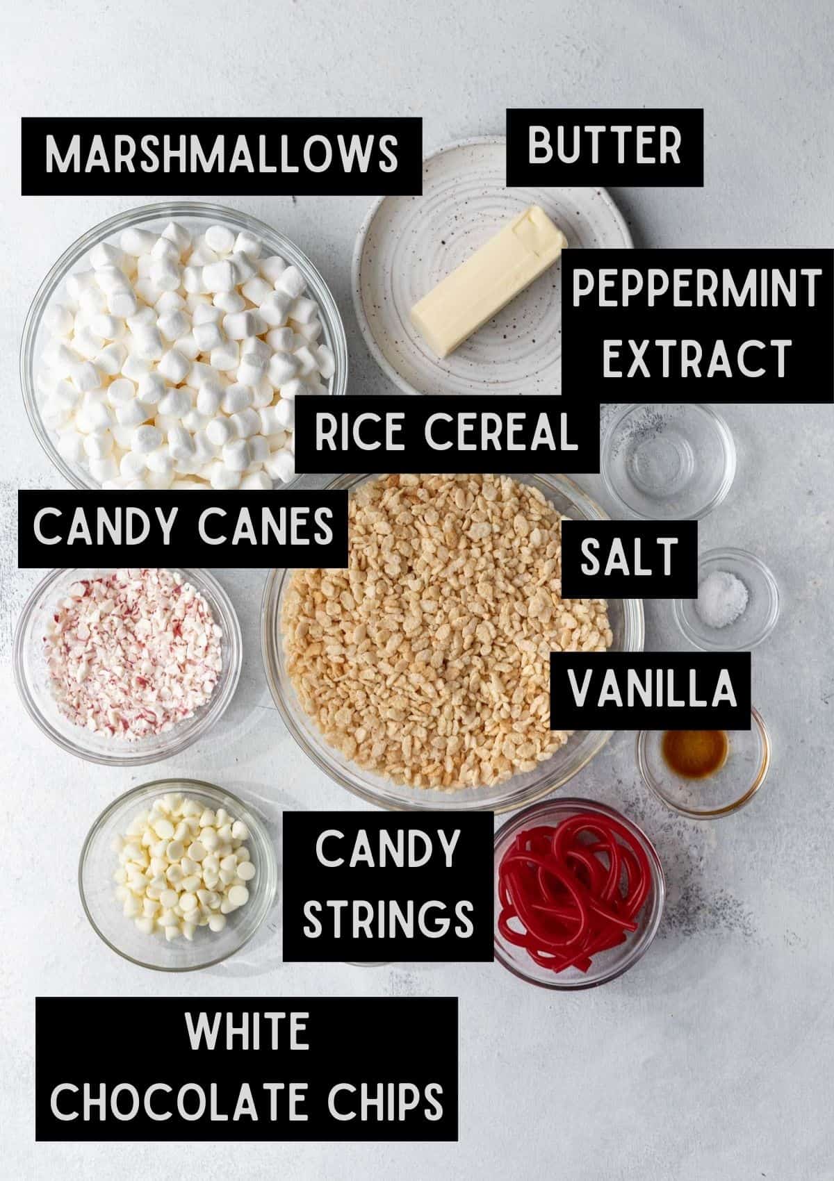 Labelled ingredients for peppermint candy cane rice krispie treats (see recipe for details).