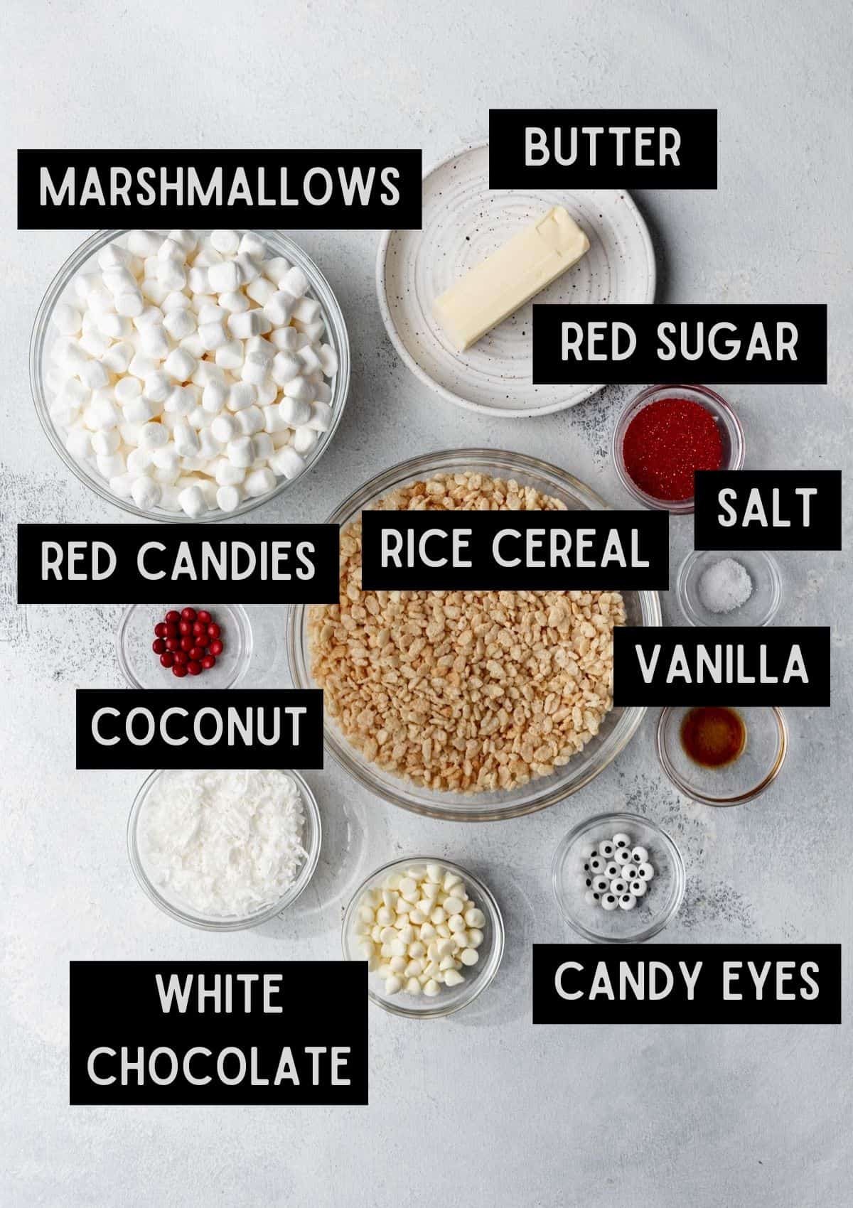 Labelled ingredients for sant rice krispie treats (see recipe for details).