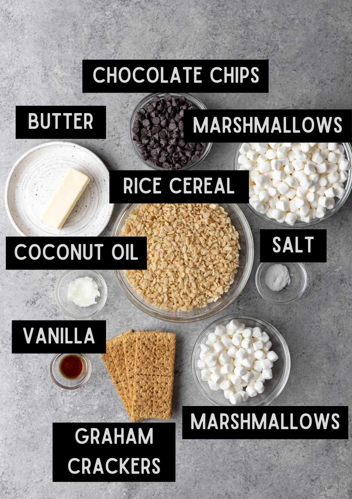 Labelled ingredients for smores rice krispie treats (see recipe for details).