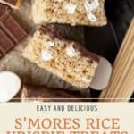 Pin graphic for chocolate covered smores rice krispie treats.