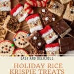 Pin graphic for holiday rice krispie treats dessert board.