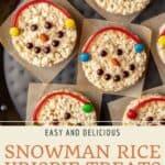 Pin graphic for snowman rice krispie treats.