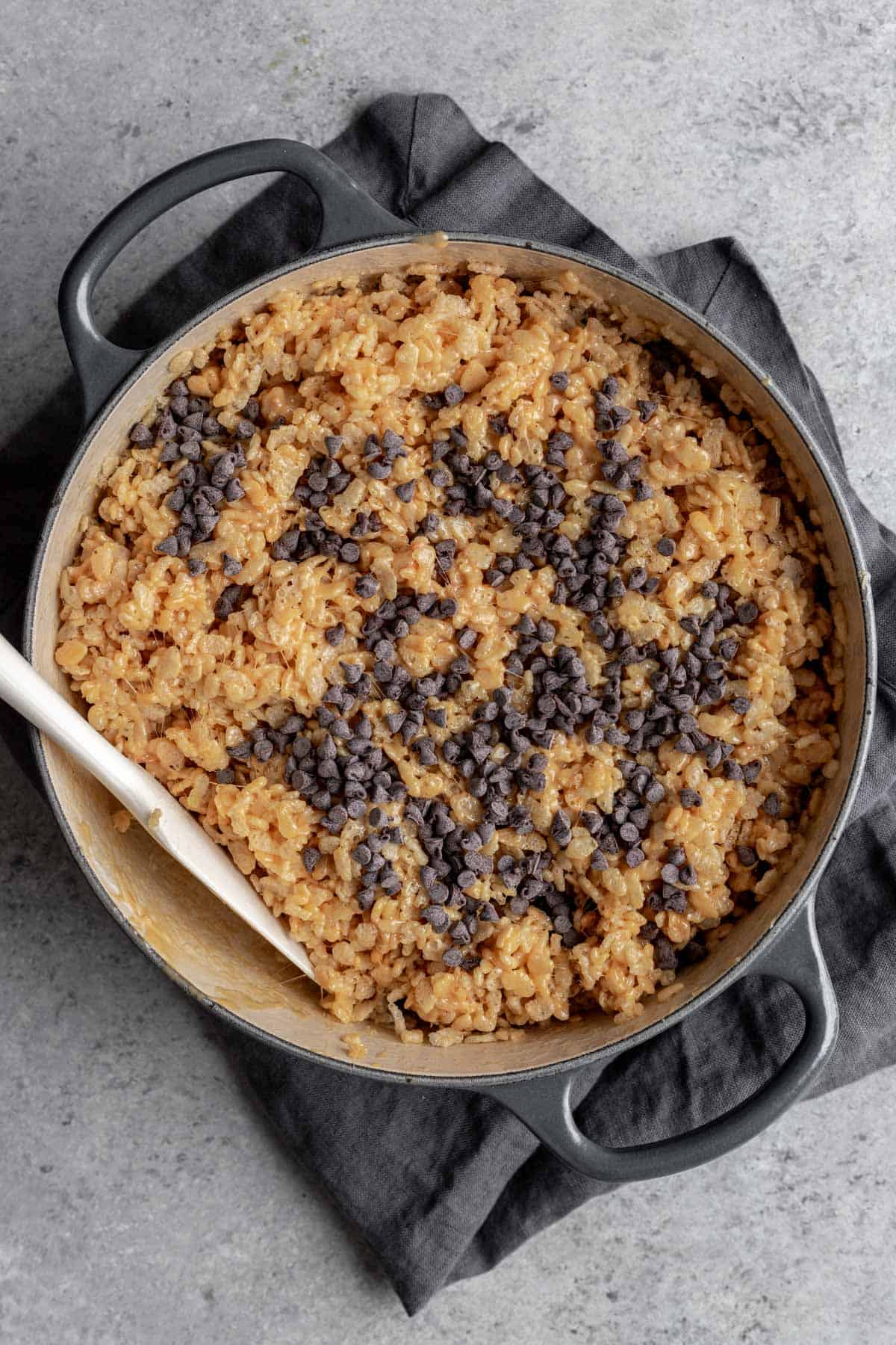 Rice cereal mixed with melted marshmallows, peanut butter, and mini chocolate chips.