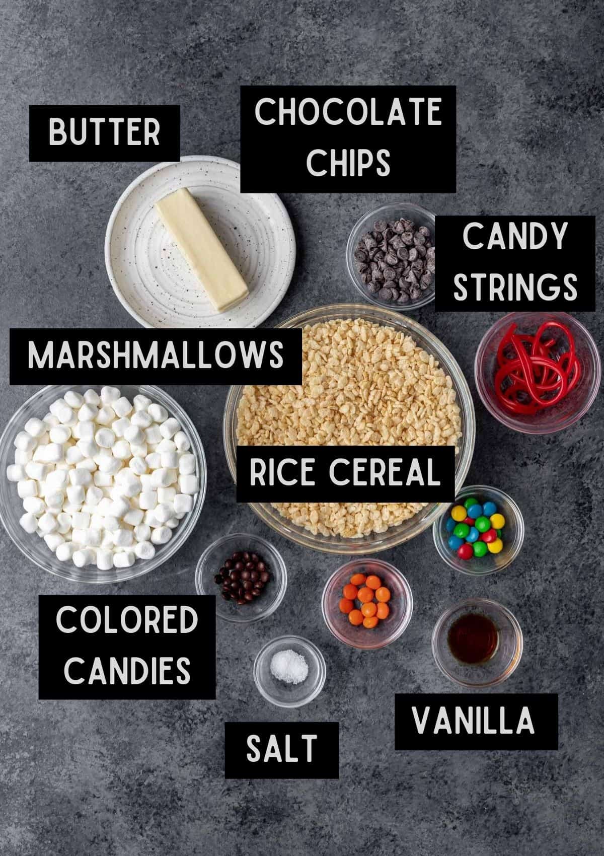 Labelled ingredients for snowman rice krispie treats (see recipe for details).