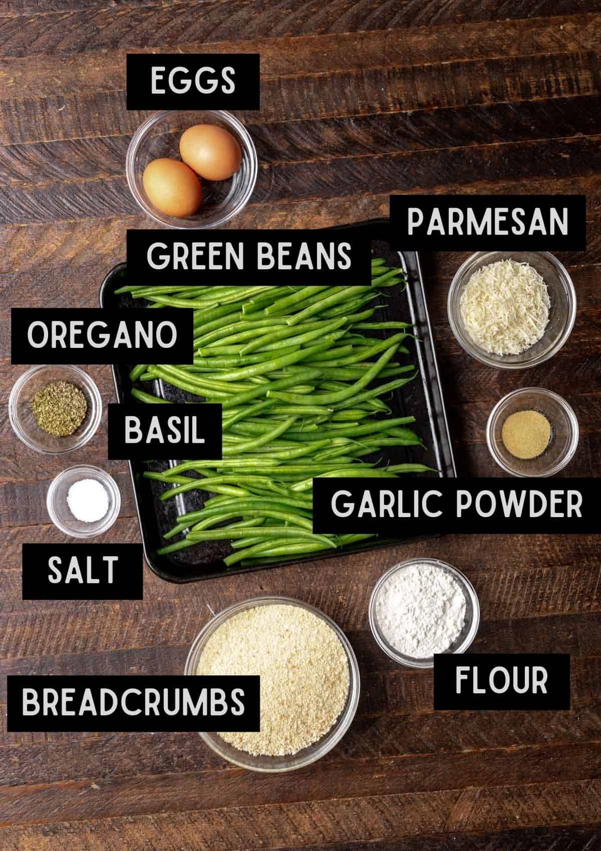 Labelled ingredients for air fryer green bean fries (see recipe for details).