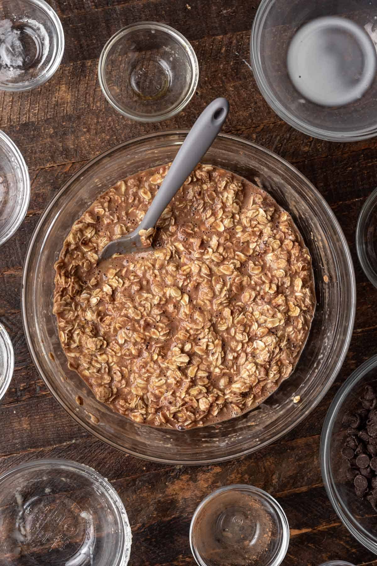 Ingredients mixed together in a glass mixing bowl.