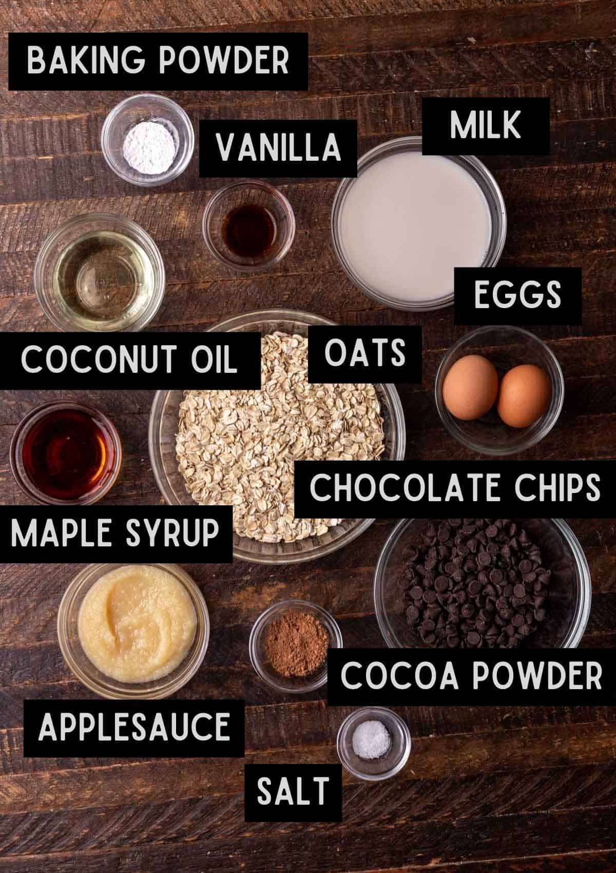 Labelled ingredients for chocolate baked oats (see recipe for details).