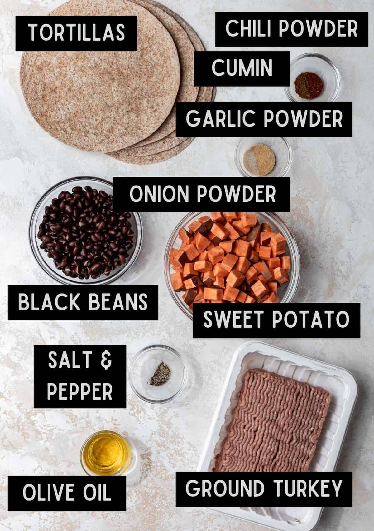 Labelled ingredients for ground turkey enchiladas (see recipe for details).