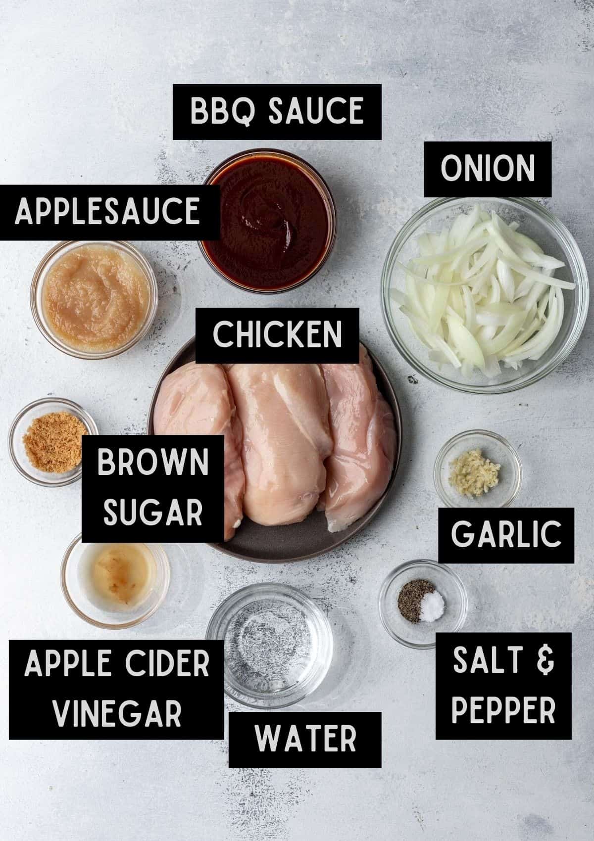 Labelled ingredients for instant pot bbq pulled chicken (see recipe for details).