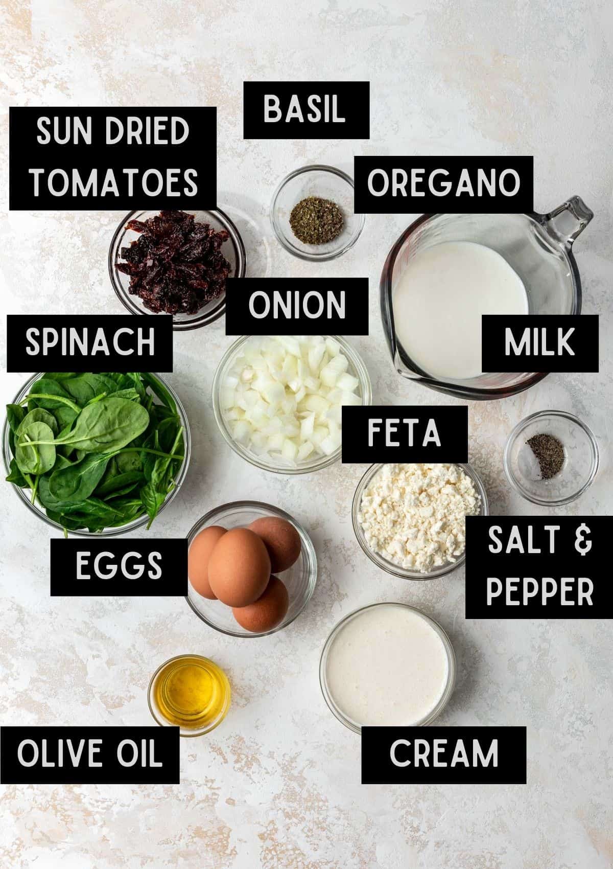 Labelled ingredients for mediterranean sun-dried tomato quiche (see recipe for details).