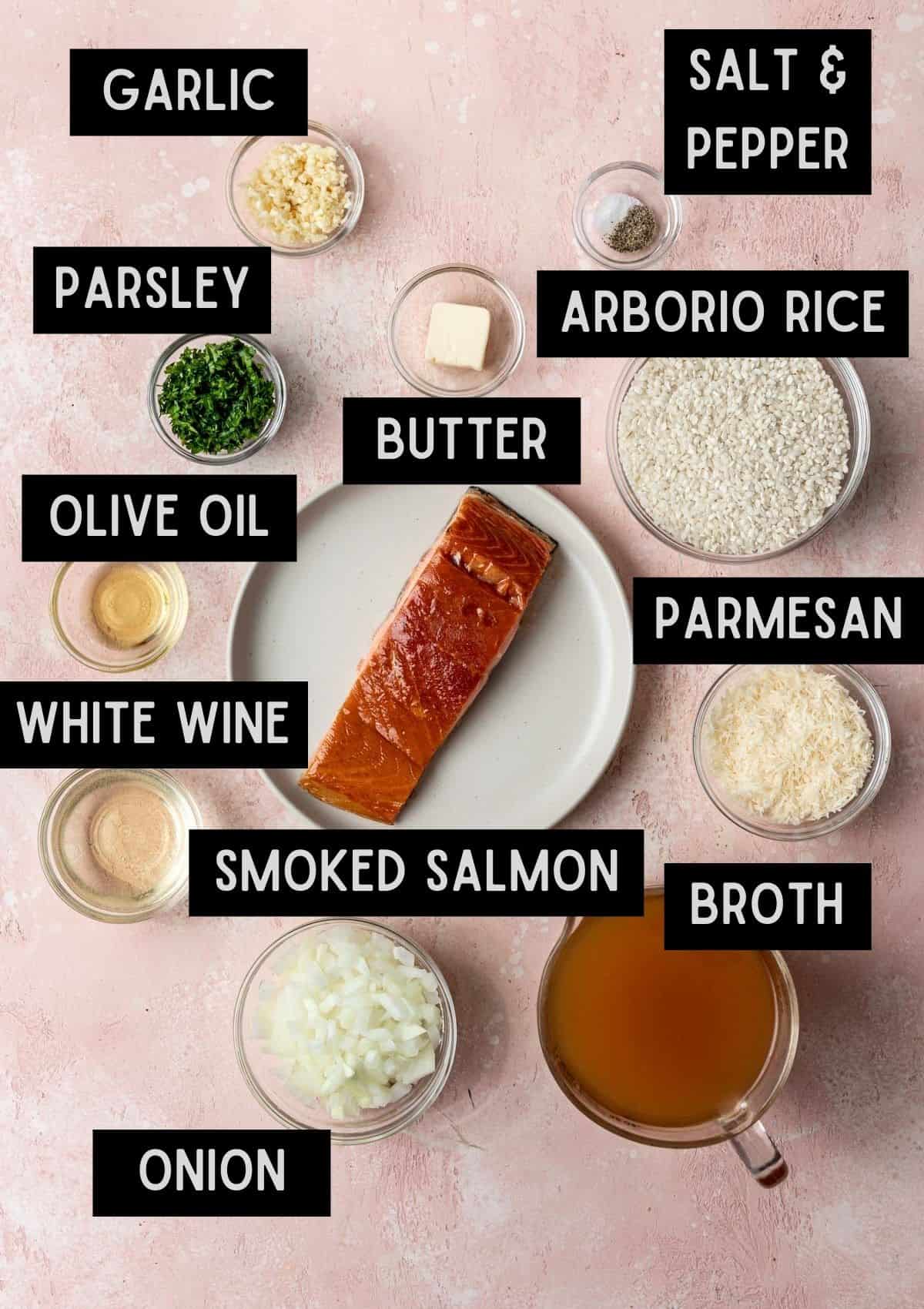 Labelled ingredients for smoked salmon risotto (see recipe for details).
