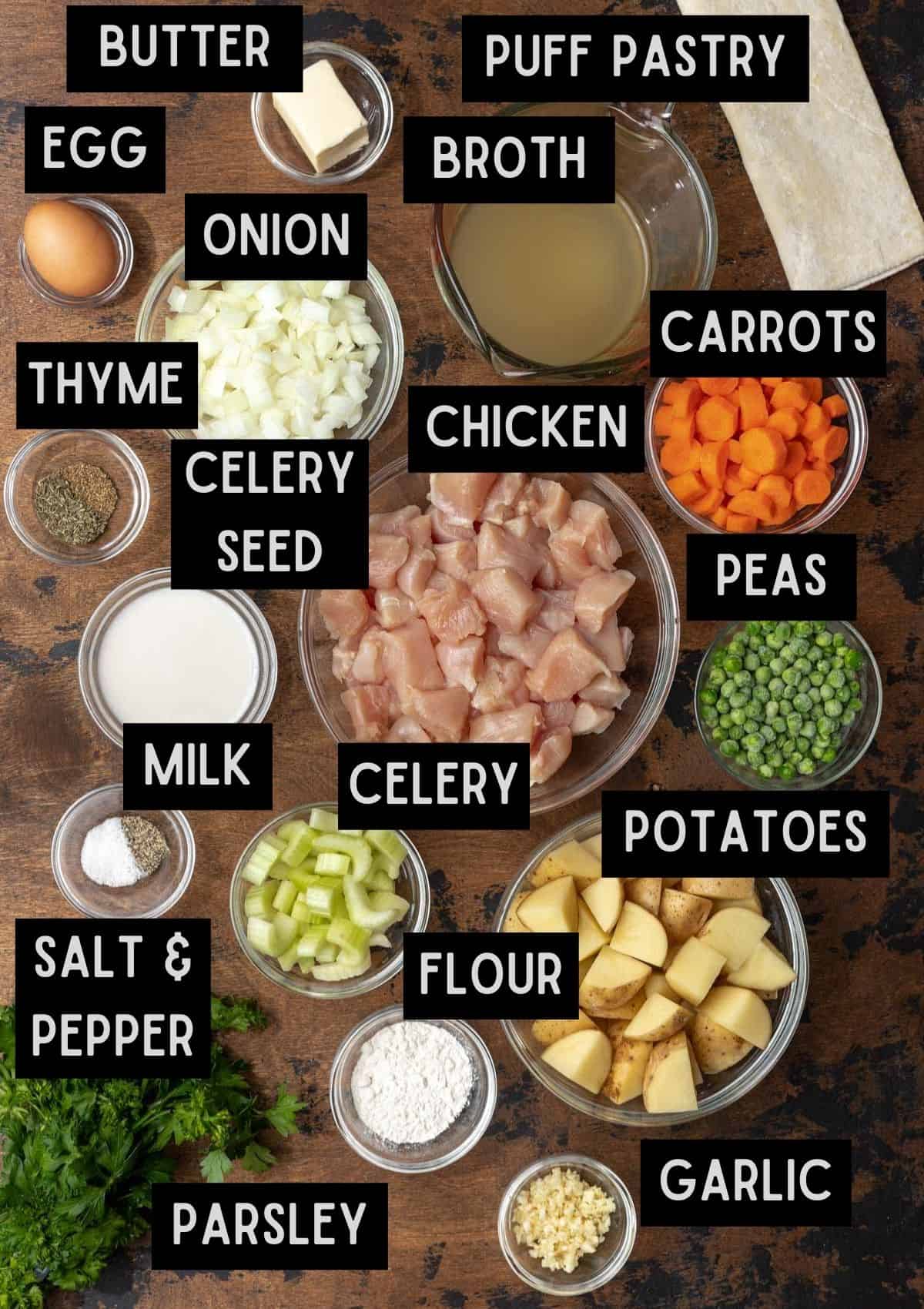 Labelled ingredients for instant pot chicken pot pie (see recipe for details).