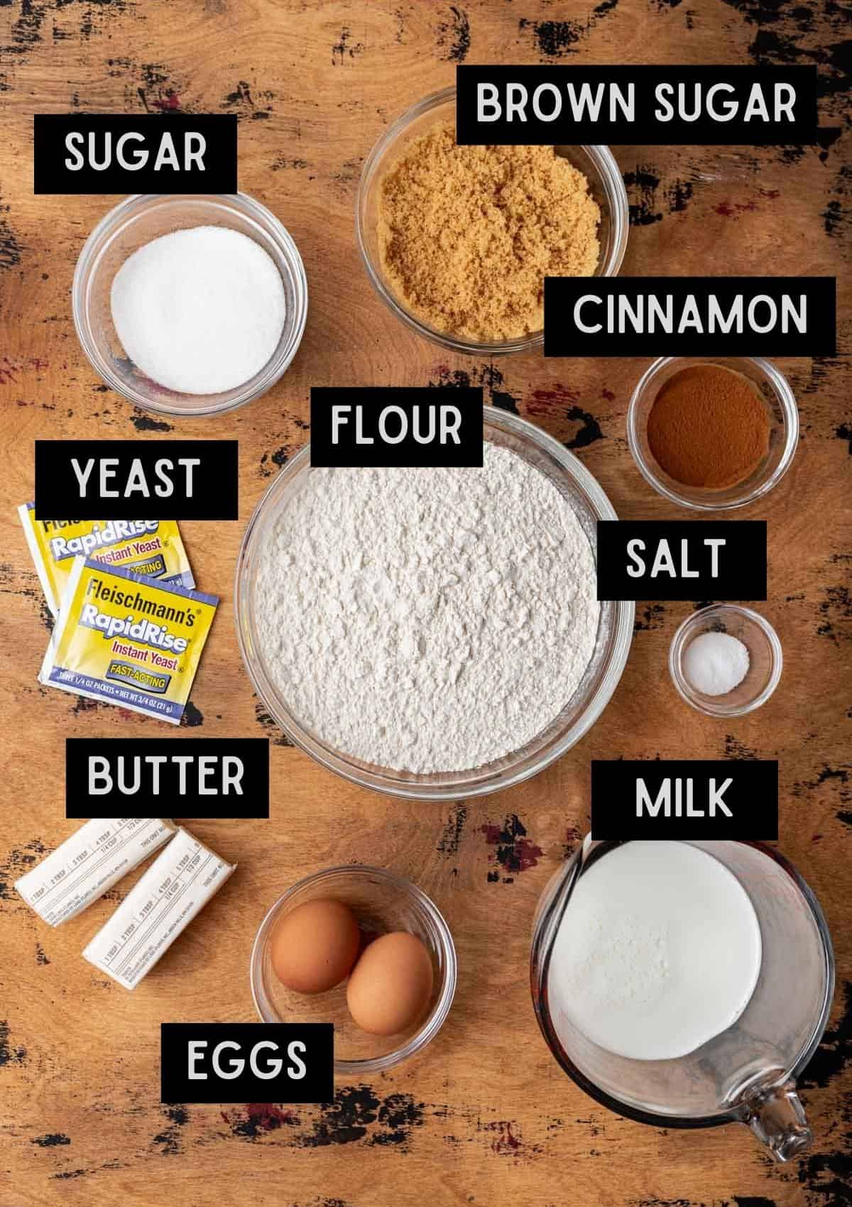 Labelled ingredients for cinnamon rolls with apple pie filling (see recipe for details).