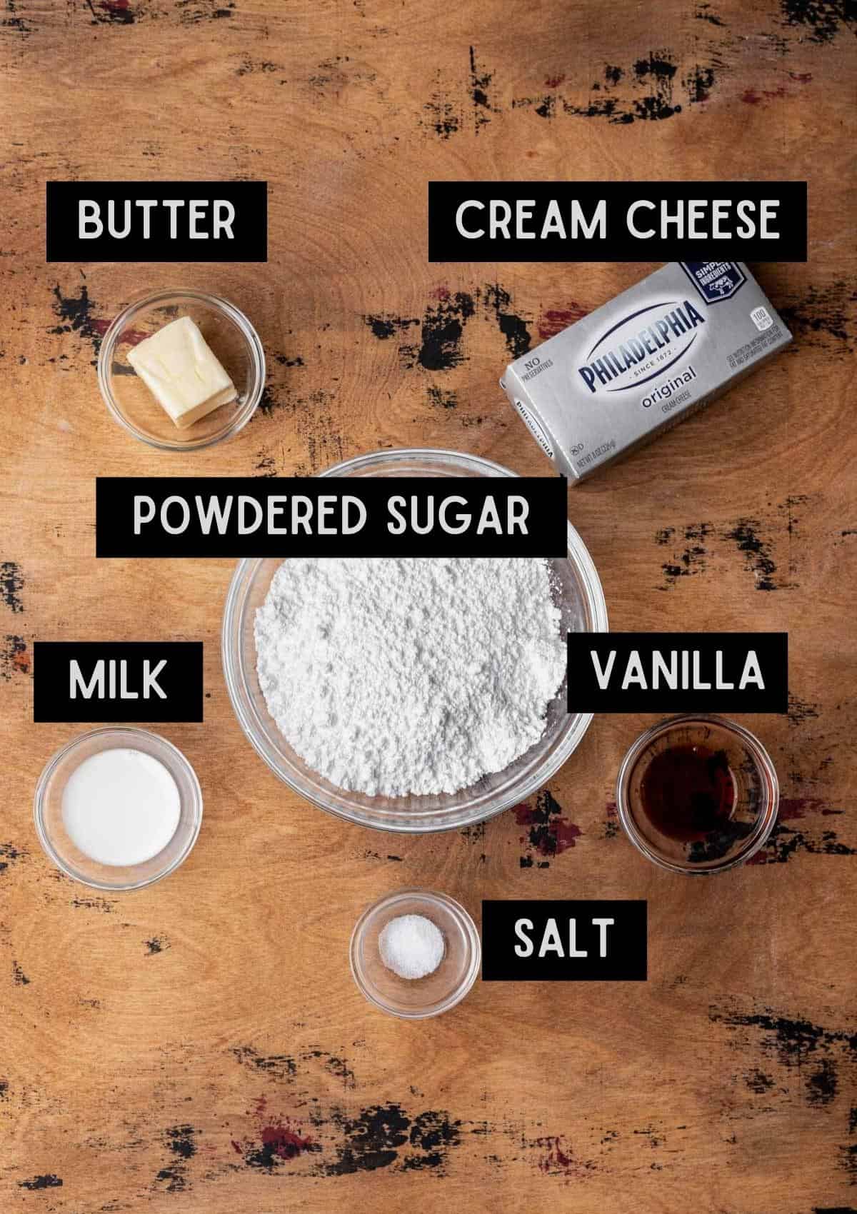 Labelled ingredients for cream cheese icing (see recipe for details).