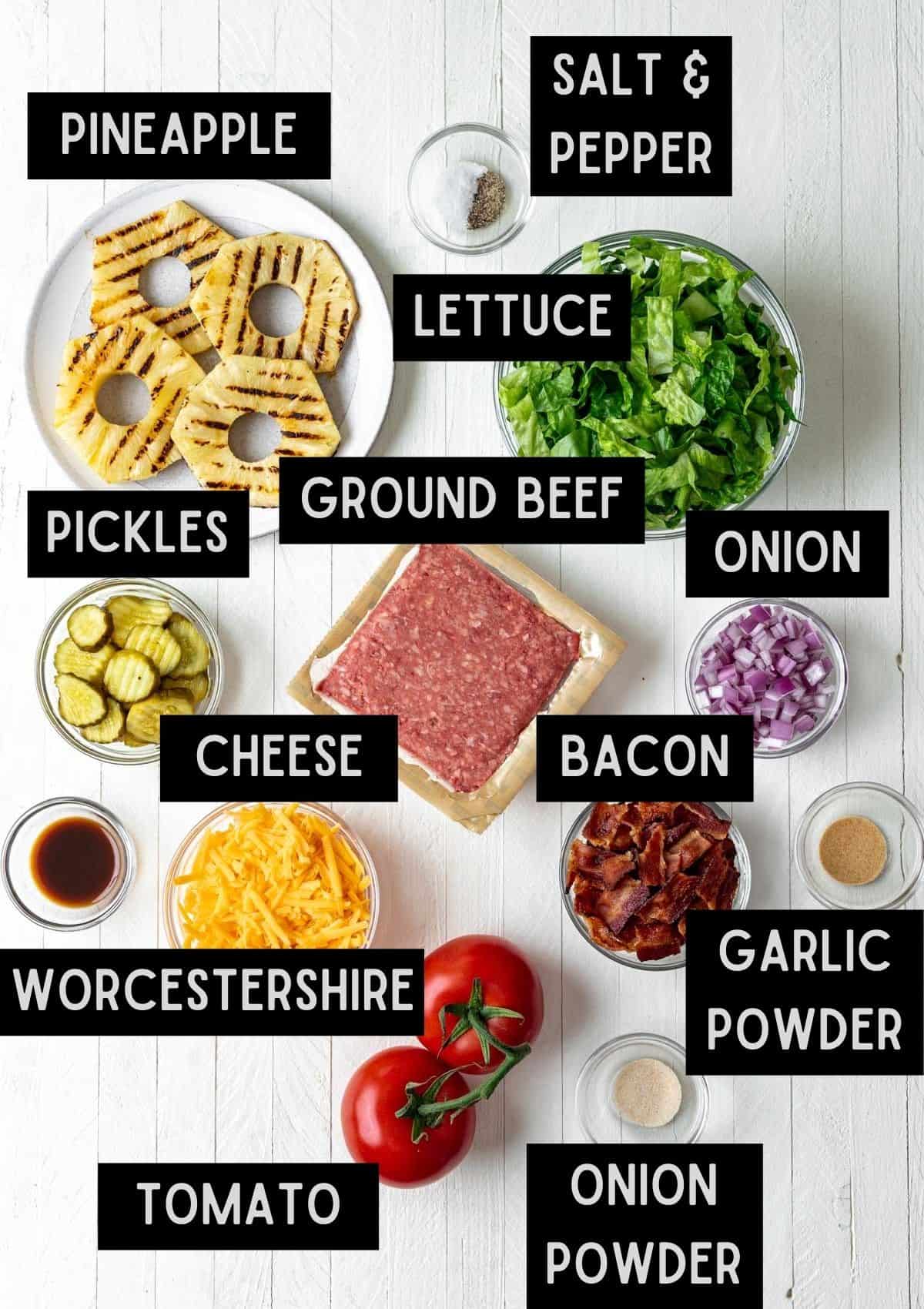 Labelled ingredients for loaded burger bowls (see recipe for details).