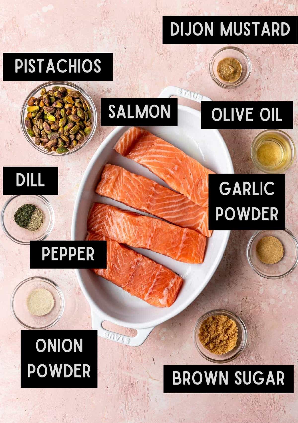 Labelled ingredients for pistachio crusted salmon (see recipe for details).