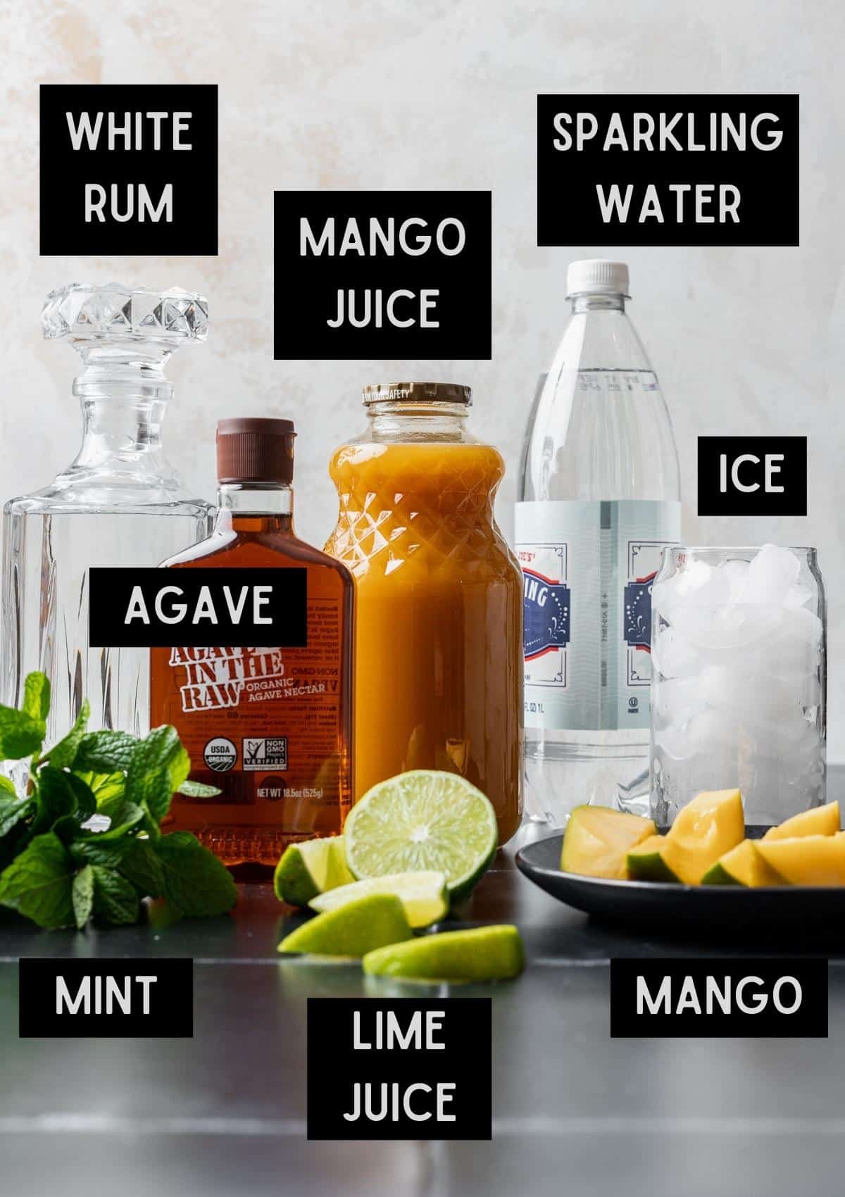 Labelled ingredients for mango mojitos (see recipe for details).