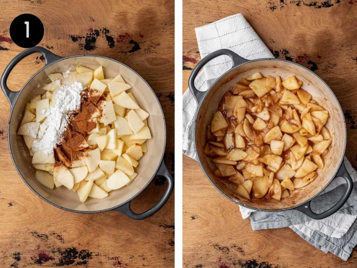 Ingredients for apple pie filling in a pot and cooked until softened.