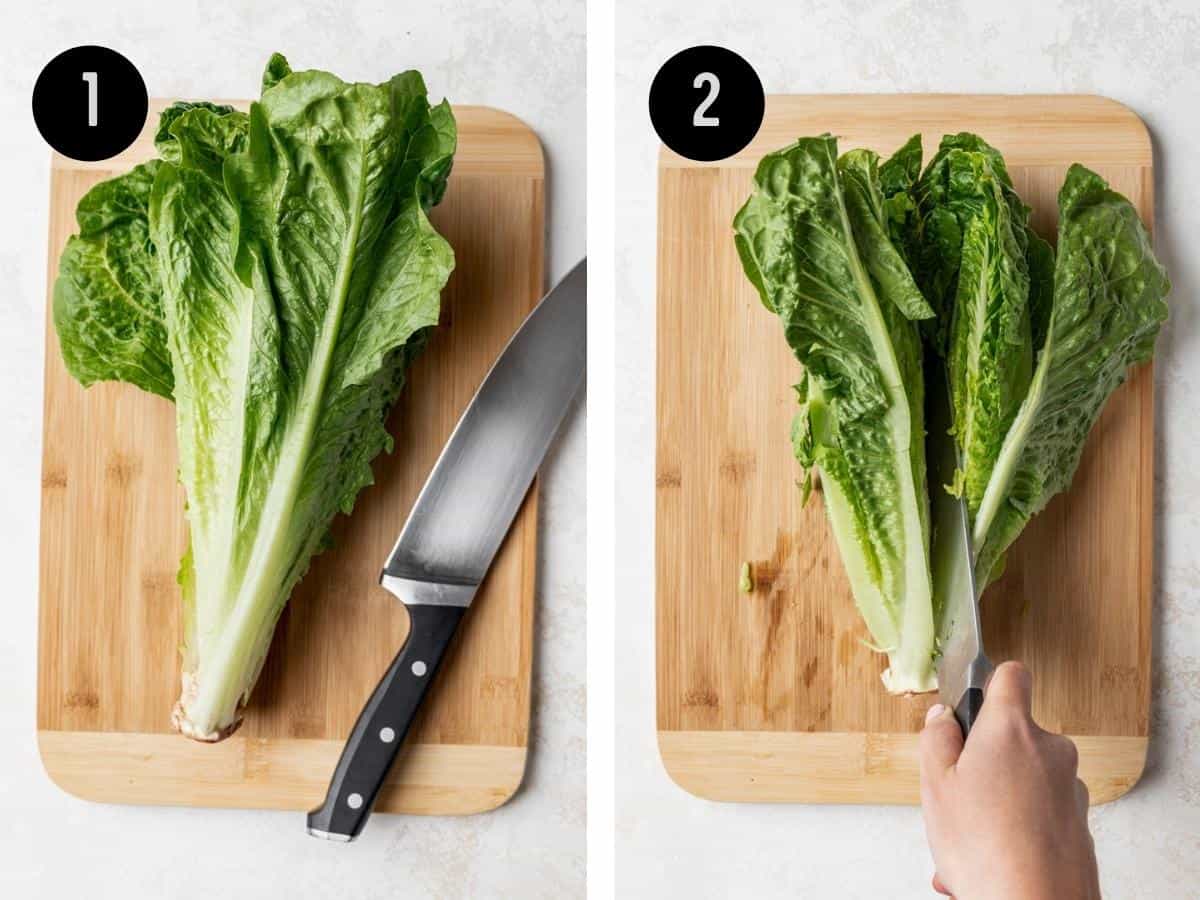 Romaine lettuce being cut in half lengthwise through the core.