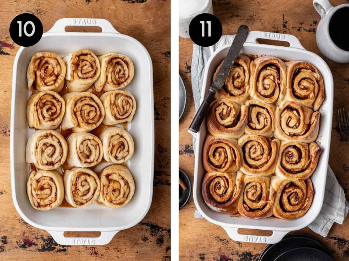 Cinnamon rolls with apple pie filling before and after baking in a white baking dish.