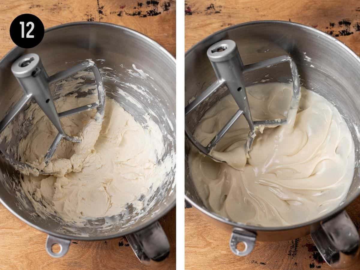 Whipped cream cheese and other ingredients in a mixing bowl for the icing.