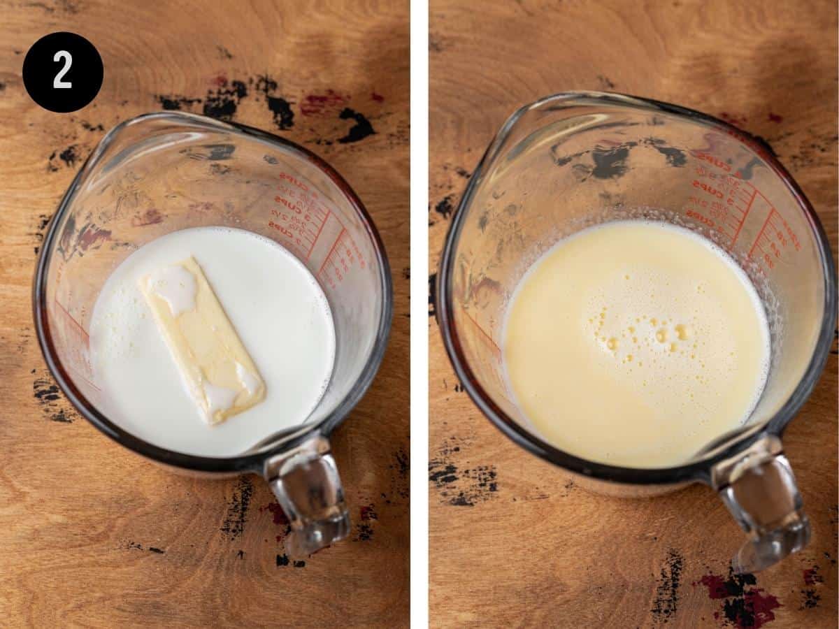 Melted butter and warm milk in a measuring cup.