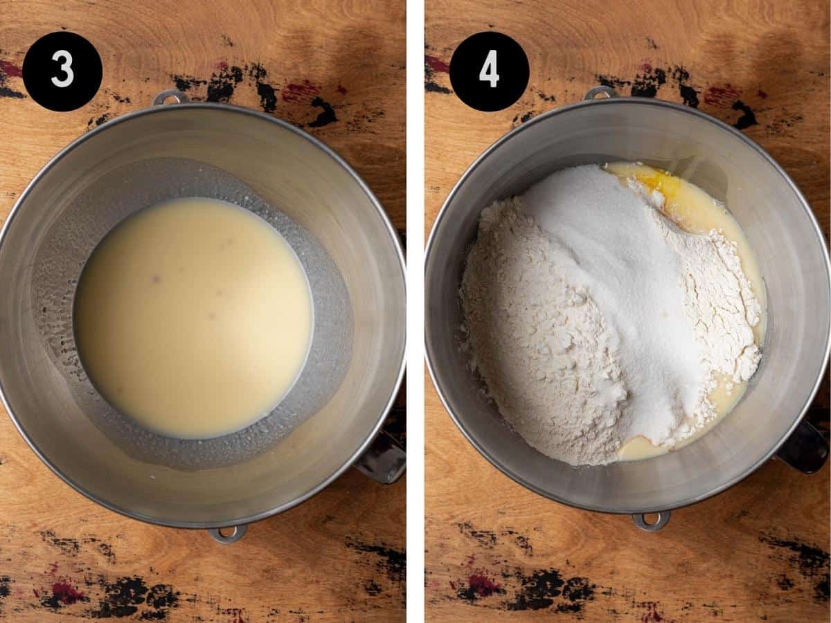 Melted butter and warm milk added to yeast, flour, eggs, and sugar in a mixing bowl.