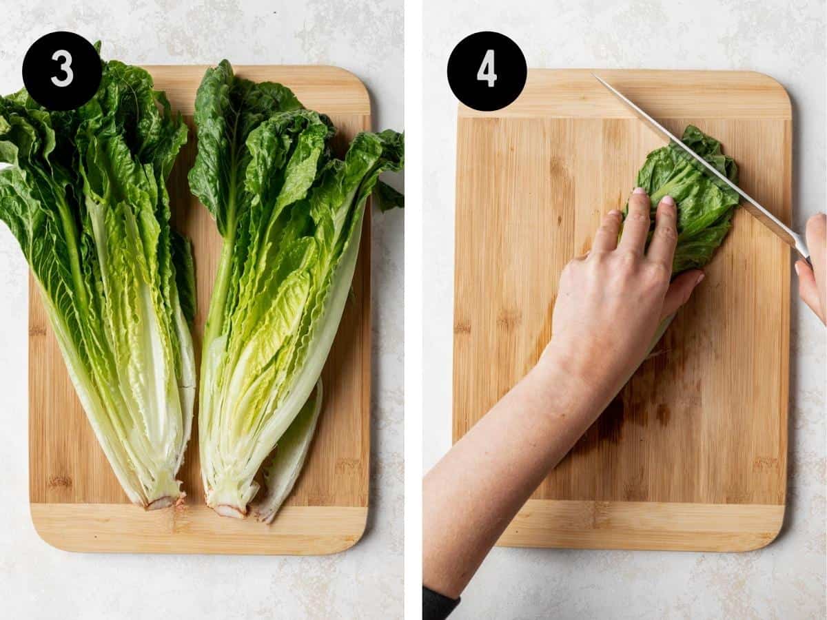 Two halves of romaine lettuce on a cutting board. Cutting one half into pieces from top to bottom.