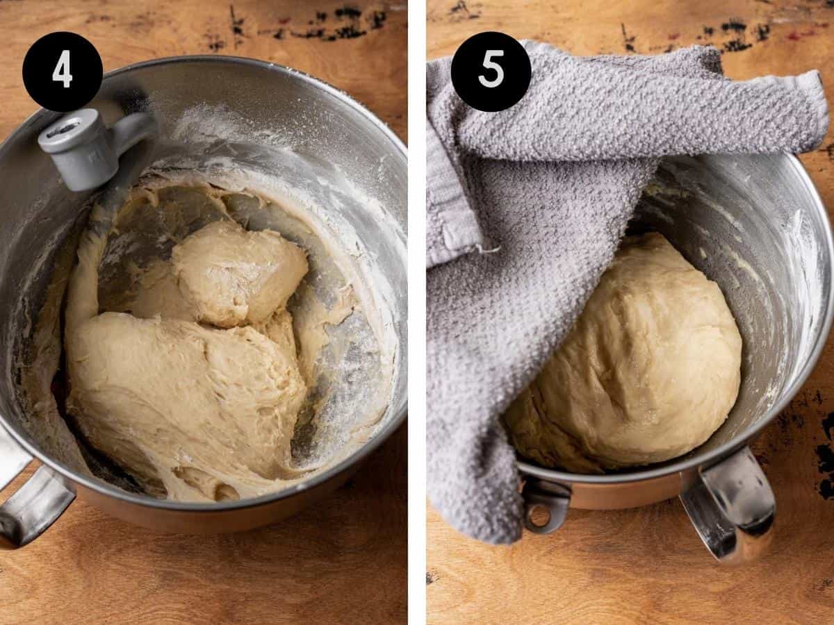 Dough resting in a mixing bowl with a towel over top.