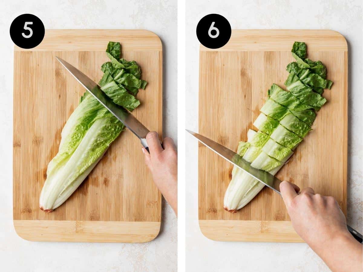 Half of the romaine lettuce getting chopped into bite-size pieces.