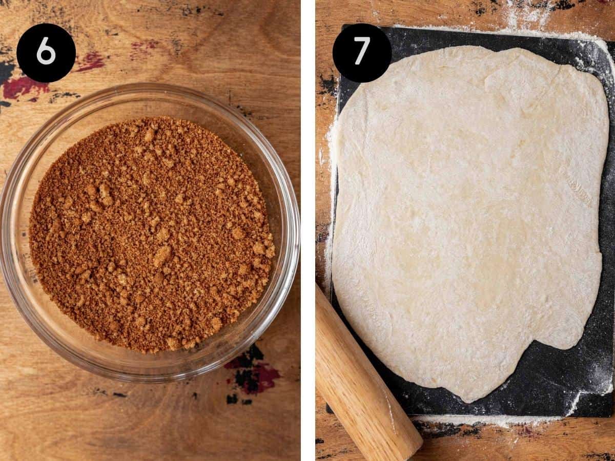 Cinnamon and sugar mixed in a bowl. Dough rolled out into a rectangle on a cutting board.