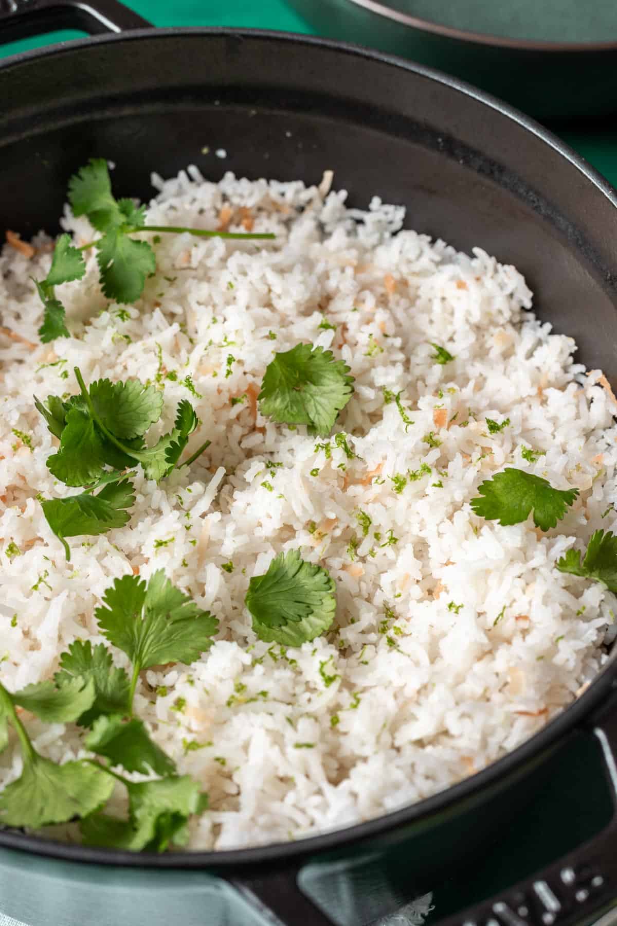 Fluffy coconut lime rice with toasted coconut and cilantro in a pot.