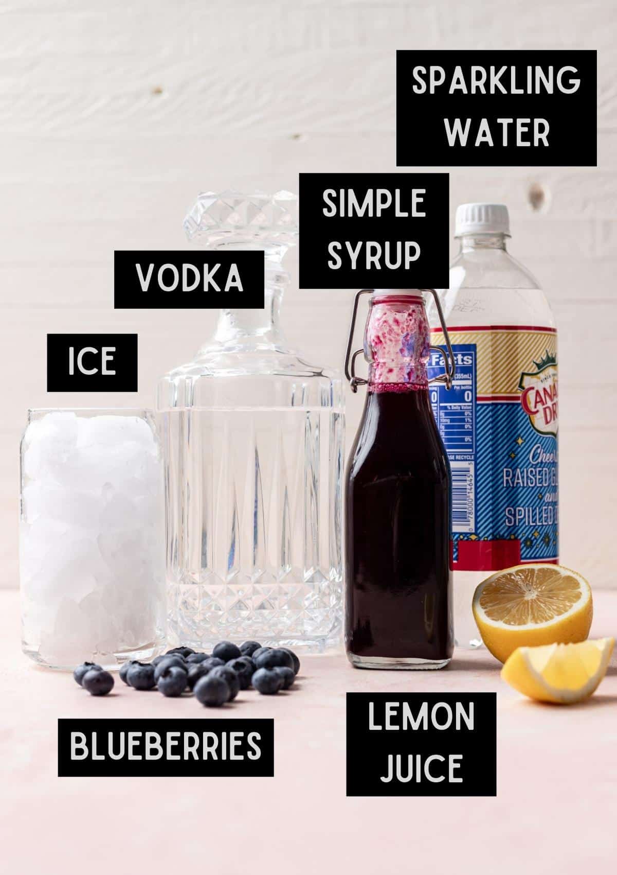 Labelled ingredients for blueberry vodka lemonade (see recipe for details).