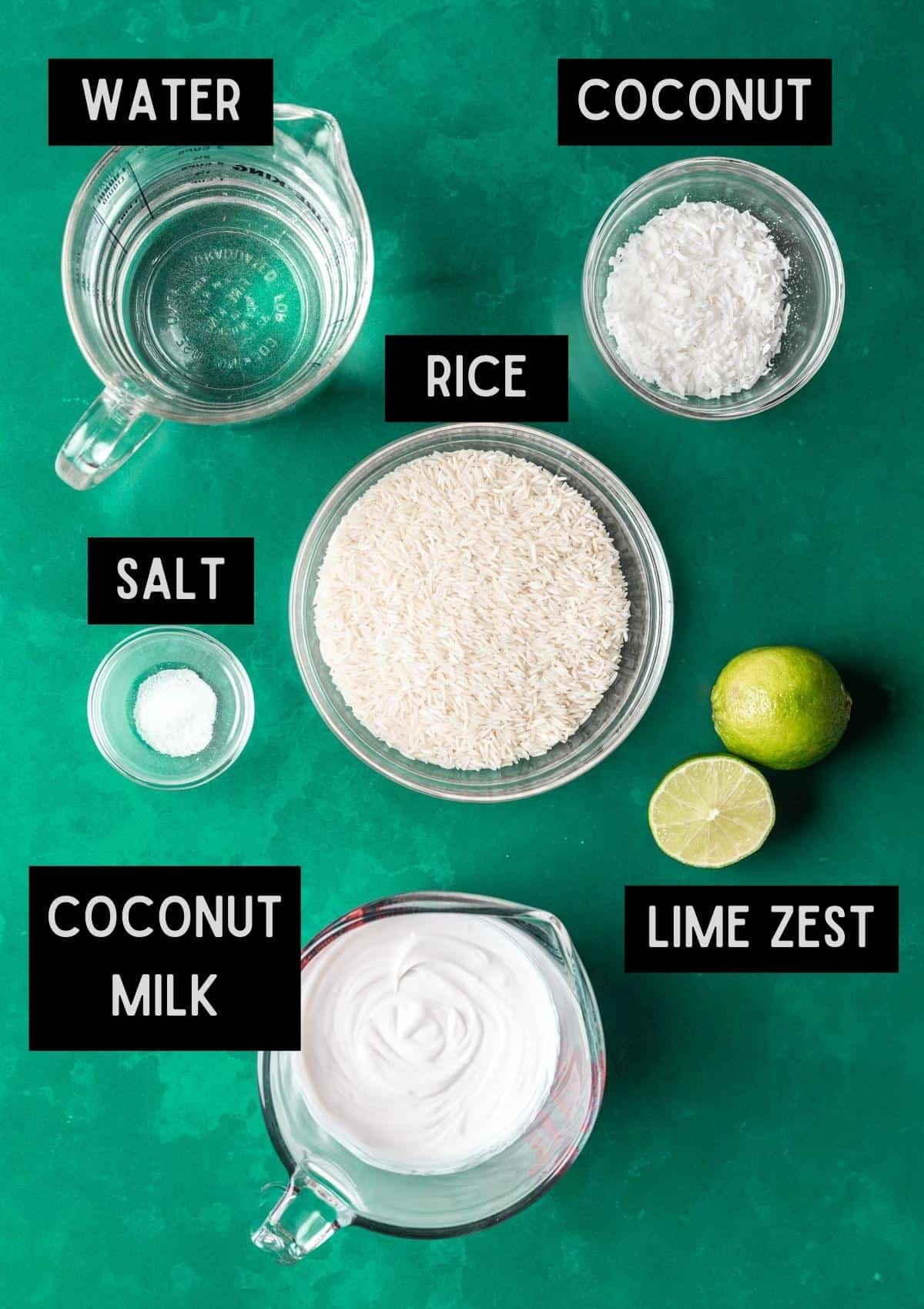 Labelled ingredients for coconut lime rice (see recipe for details).