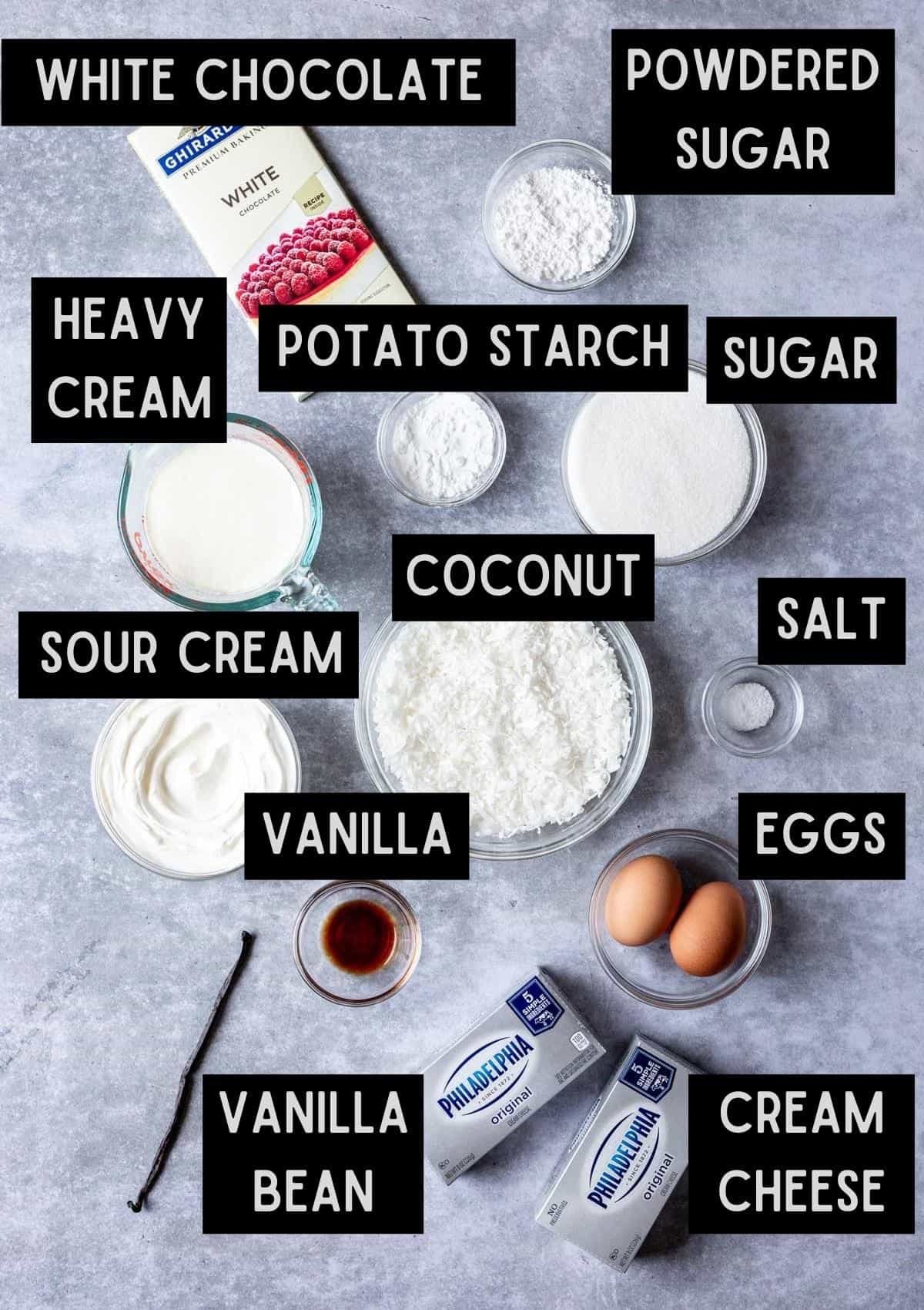 Labelled ingredients for kosher for passover cheesecake (see recipe for details).