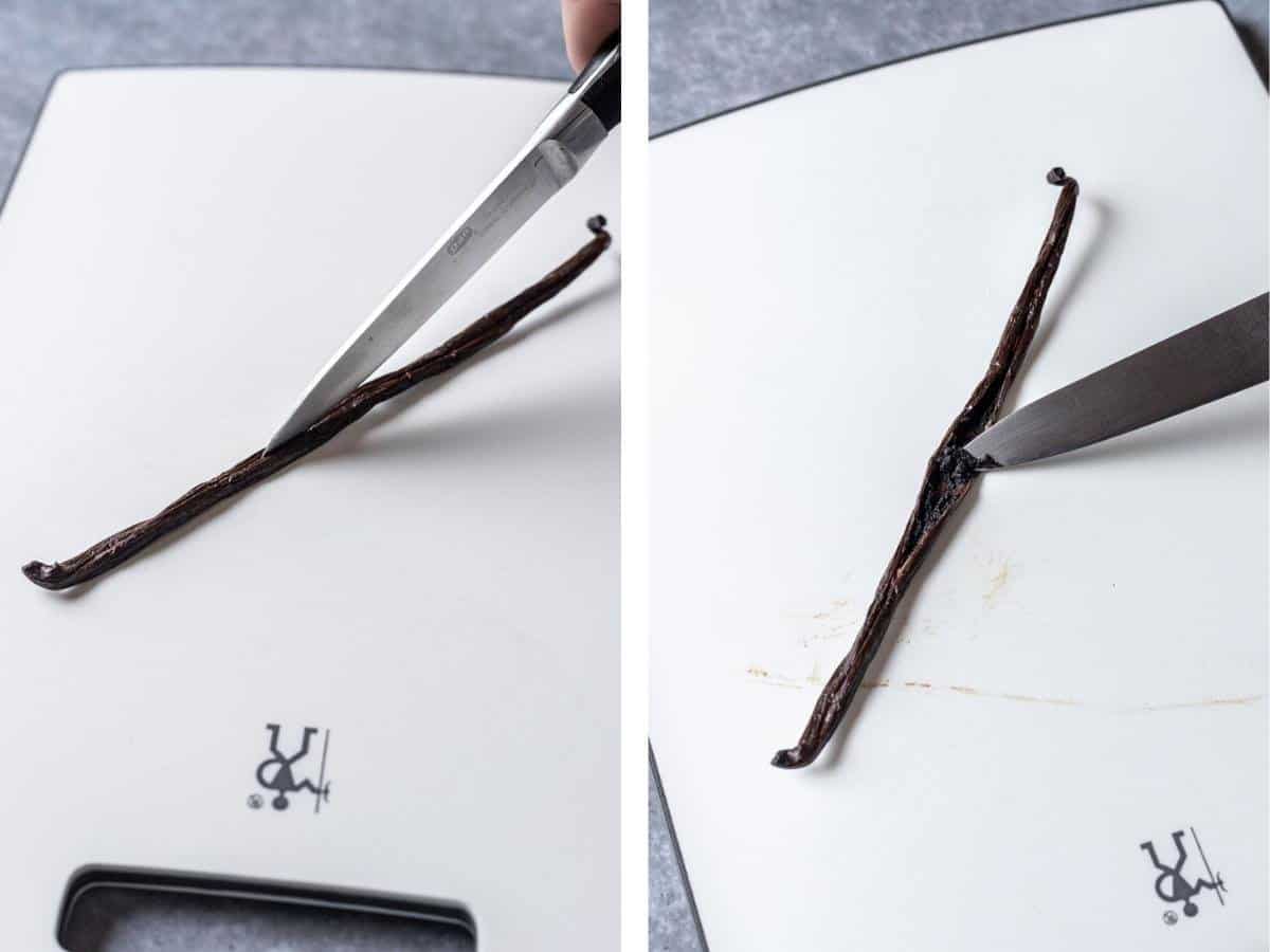 A knife splitting a vanilla bean open and scraping out the seeds.